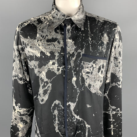 JUST CAVALLI Size XL Black & Grey Print Polyester Button Up Long Sleeve Shirt