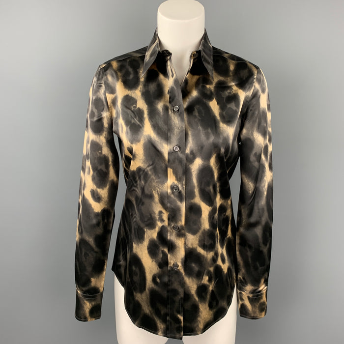 PRADA Size 2 Black & Beige Satin Silk Buttoned Blouse