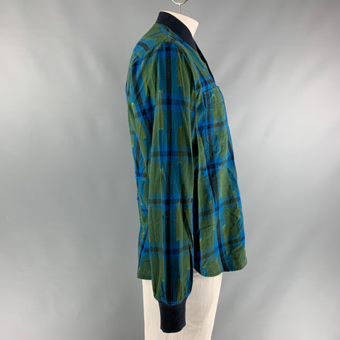 UNIVERSAL WORKS Camisa de manga larga sin cuello de algodón a cuadros azul y verde oliva Talla L