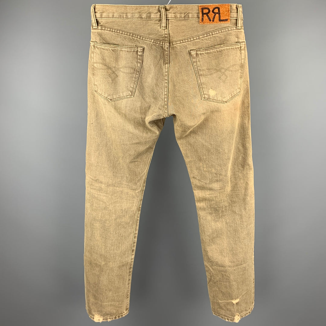 RRL by RALPH LAUREN Size 30 Khaki Washed Distressed Denim Button Fly Jeans