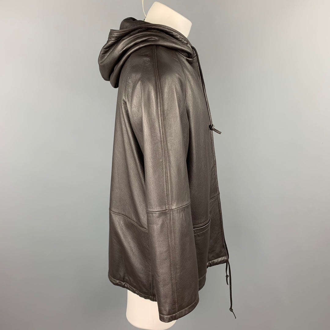 NO BRAND Size L Brown Leather Drawstring Hooded Coat