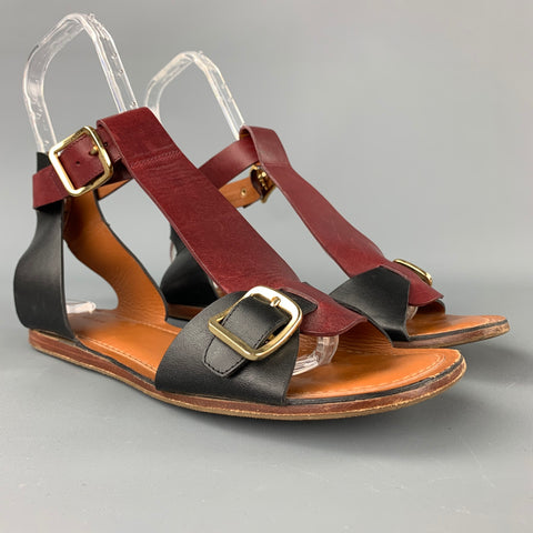 CELINE Sandalias de gladiador de cuero negro y burdeos talla 9