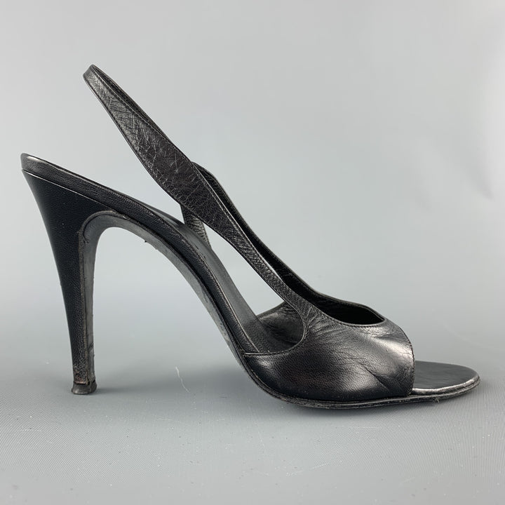 BALENCIAGA Size 8.5 Black Leather Peep Toe Strappy Slingback Sandals