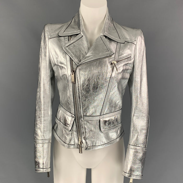 DSQUARED2 Size 6 Silver Leather Black Trim Biker Jacket