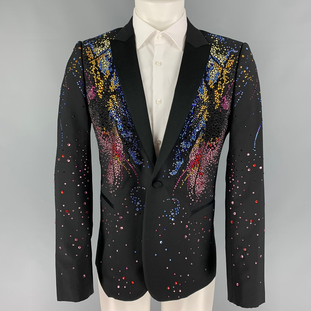 EMPORIO ARMANI SS 20 STARS Limited Edition Size 38 Black Beaded Wool Peak Lapel Sport Coat