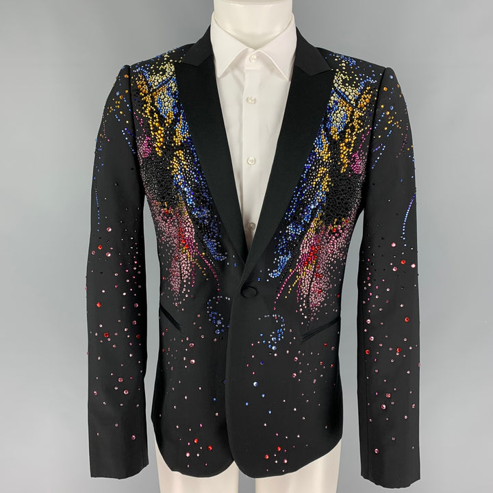 EMPORIO ARMANI SS 20 STARS Limited Edition Size 38 Black Beaded Wool Peak Lapel Sport Coat