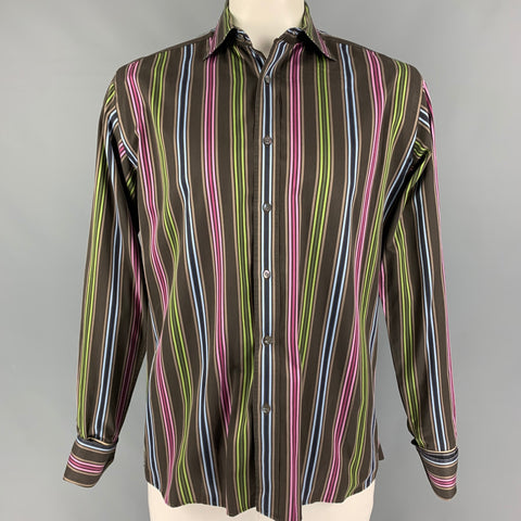 TED BAKER Size L Brown Multi-Color Stripe Cotton French Cuff Long Sleeve Shirt