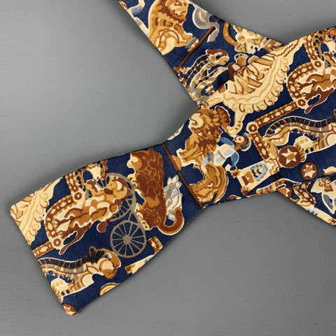 VINTAGE Tan Blue Abstract Print Silk Bow Tie