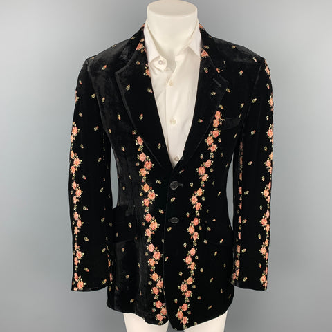 PAUL SMITH Size 40 Black Embroidery Velvet Notch Lapel Sport Coat