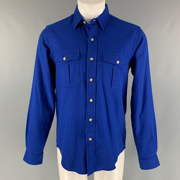 RALPH LAUREN Size M Royal Blue Solid Cotton Patch Pockets Long Sleeve Shirt