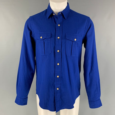 RALPH LAUREN Size M Blue Solid Cotton Patch Pockets Long Sleeve Shirt
