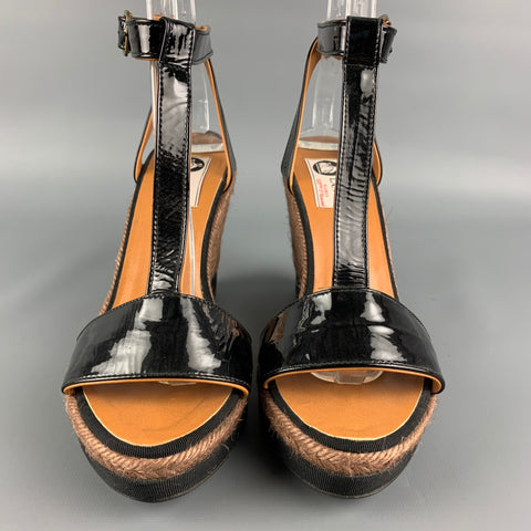 LANVIN Size 8 Black & Tan Patent Leather Espadrille Wedge Sandals