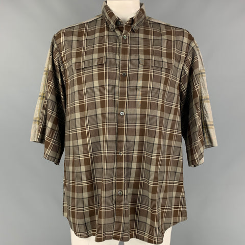 UNDERCOVER Size XL Brown & Olive Checkered Cotton Reverse Seams Short Sleeve Shirt