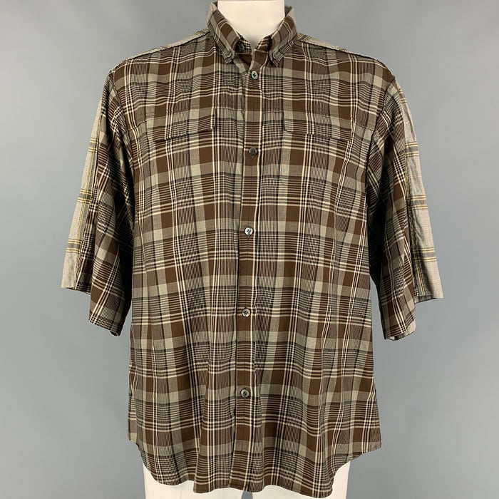 UNDERCOVER Taille XL Chemise à manches courtes en coton à carreaux marron et olive avec coutures inversées