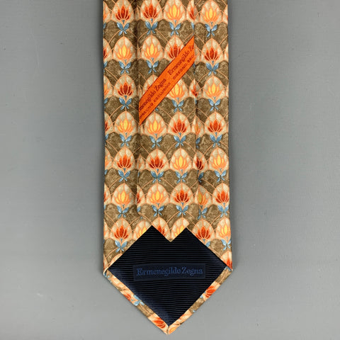 ERMENEGILDO ZEGNA Brown Red & Orange Abstrack Floral Silk Tie