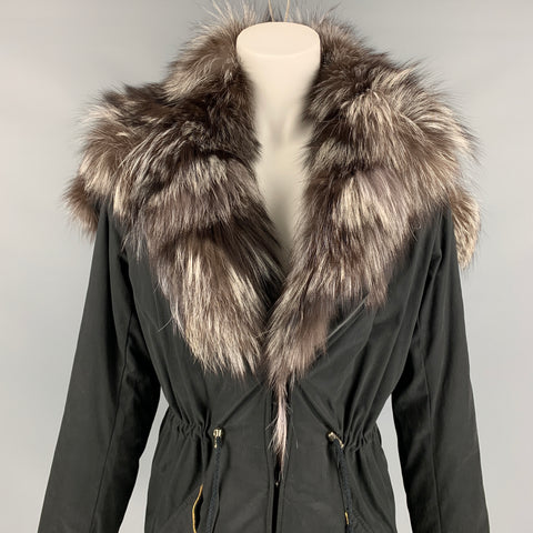 SILVIAN HEACH Size XS Black Nylon Blend Fox Fur Trim Hooded Coat
