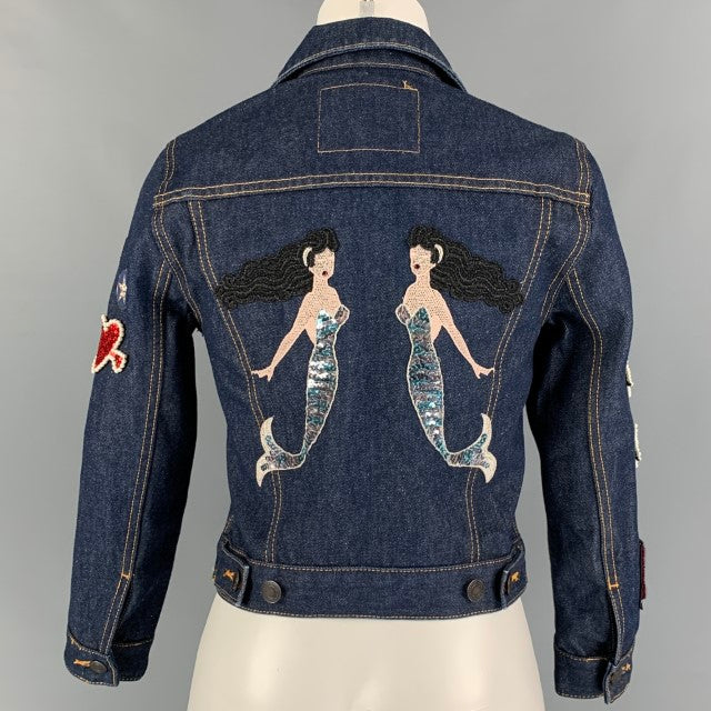 MARC JACOBS Size S Indigo Denim Contrast Stitch Pin Charms Sequin Mermaid Jacket