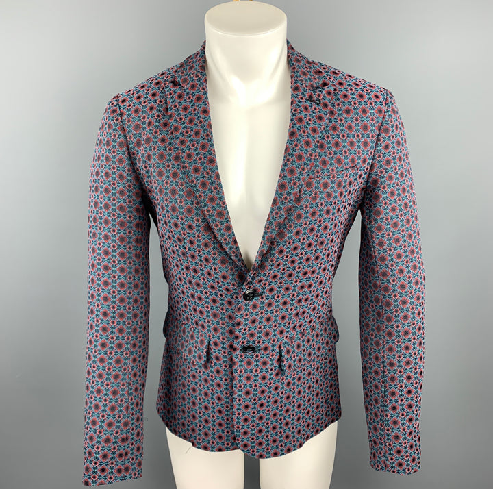 MR. TURK Size 36 Blue & Red Print Polyester Blend Peak Lapel Sport Coat