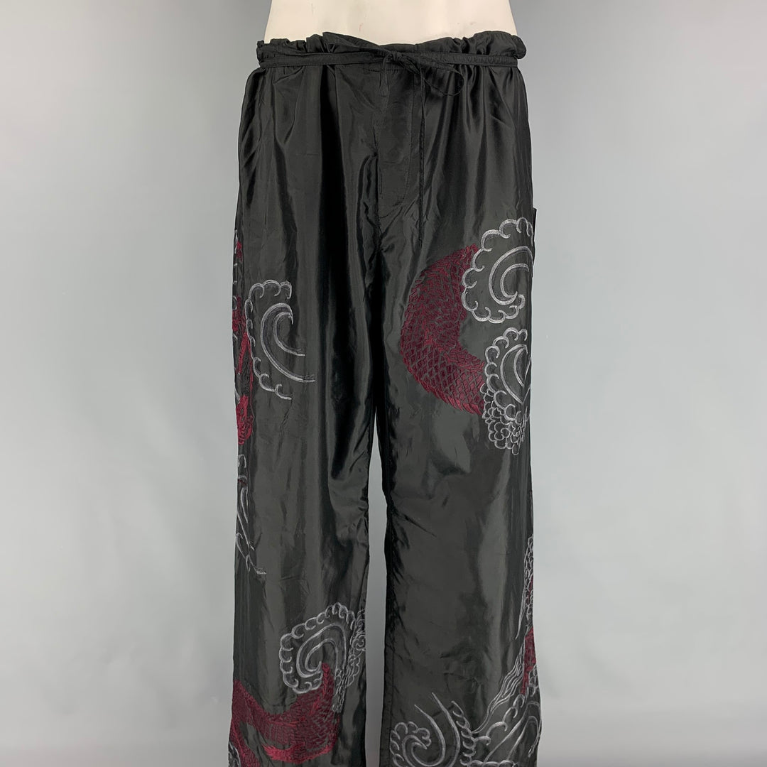 GUCCI by TOM FORD 2001 XL Black Dragon Embroidered Silk Wide Leg Karate Pants