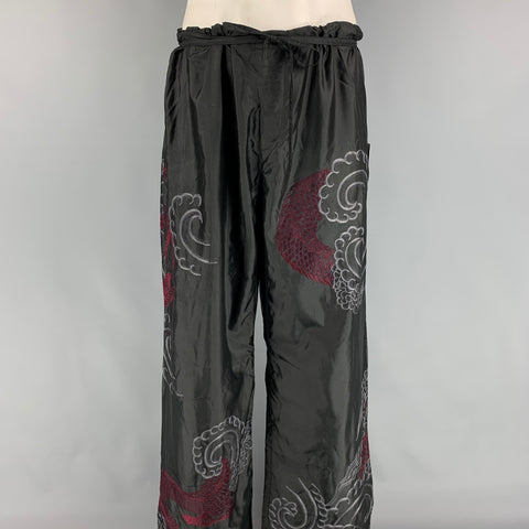 GUCCI by TOM FORD 2001 XL Black Dragon Embroidered Silk Wide Leg Karate Pants