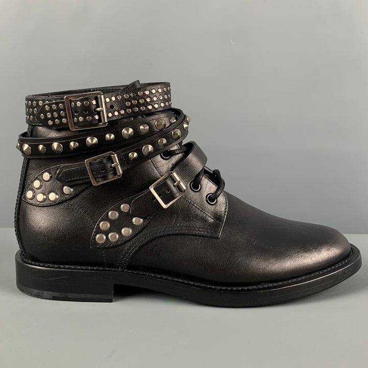 SAINT LAURENT Size 10 Black Leather Studded Ranger Boots