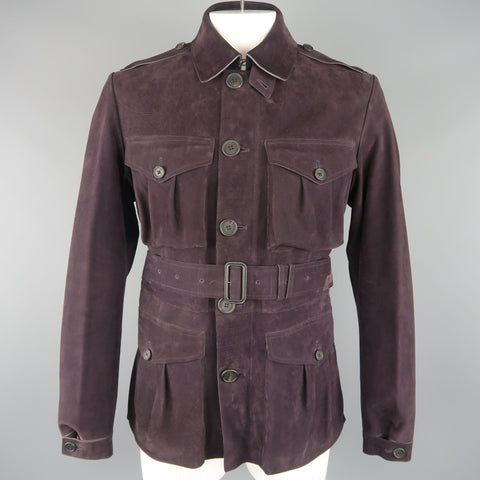 BURBERRY PRORSUM Spring 2015 42 Eggplant Purple Suede Patch Pockets Belted Jacket