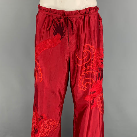 GUCCI by TOM FORD 2001 XL Red Dragon Embroidered Silk Wide Leg Karate Pants