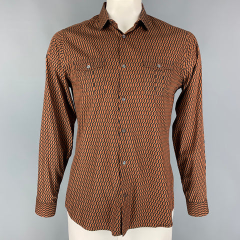BURBERRY LONDON Size L Rust & Black Geometric Cotton / Silk Long Sleeve Shirt