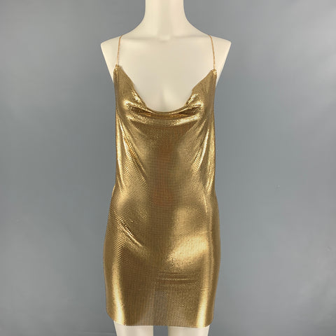FANNIE SCHIAVONI Vestido de cóctel con tirantes finos de malla en oro de 18 quilates talla S