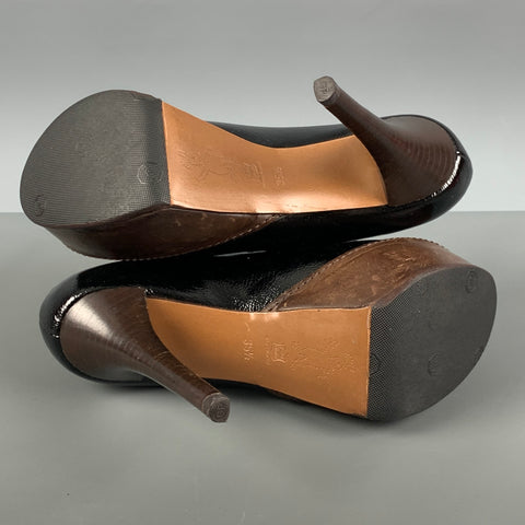 MARNI Size 5.5 Black Brown Two Tone Patent Leather Platform Pumps