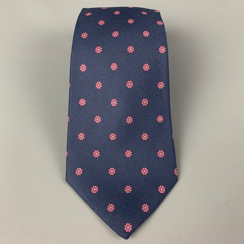PAUL STUART Navy Pink Floral Silk Tie