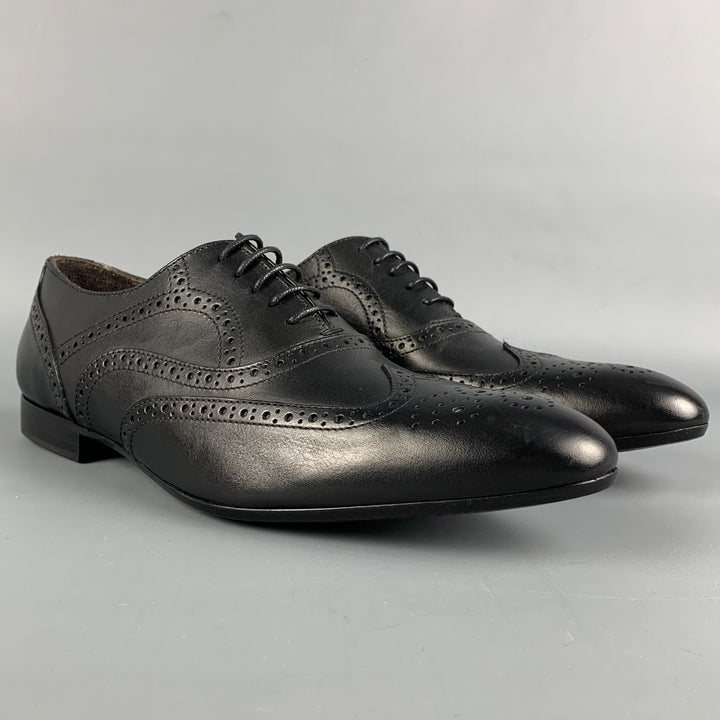 A.TESTONI Size 9 Black Perforated Leather Wingtip Lace Up Shoes