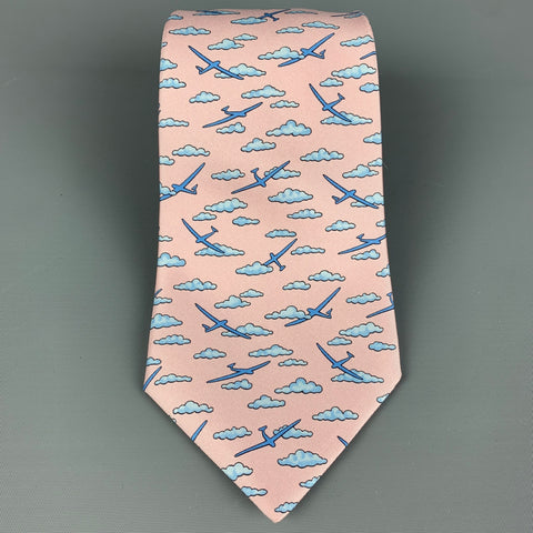HERMES 5217 IA Pink Light Blue Cloud Print Silk Tie