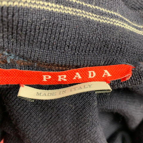 PRADA Size L Navy Contrast Trim Wool V-Neck Cardigan