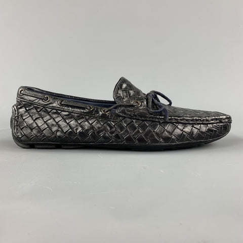 TRASK Size 9 Navy Woven Leather Bow Drivers Loafers