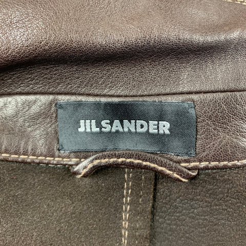 JIL SANDER Size L Brown Contrast Stitch Leather Notch Lapel Jacket