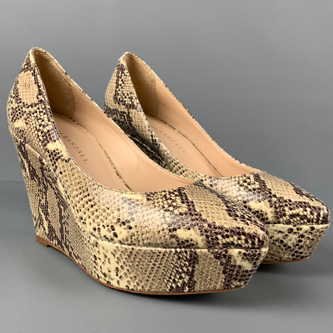 LOEFFLER RANDALL Size 8 Grey Beige Leather Snake Skin Print Embossed Wedge Pumps