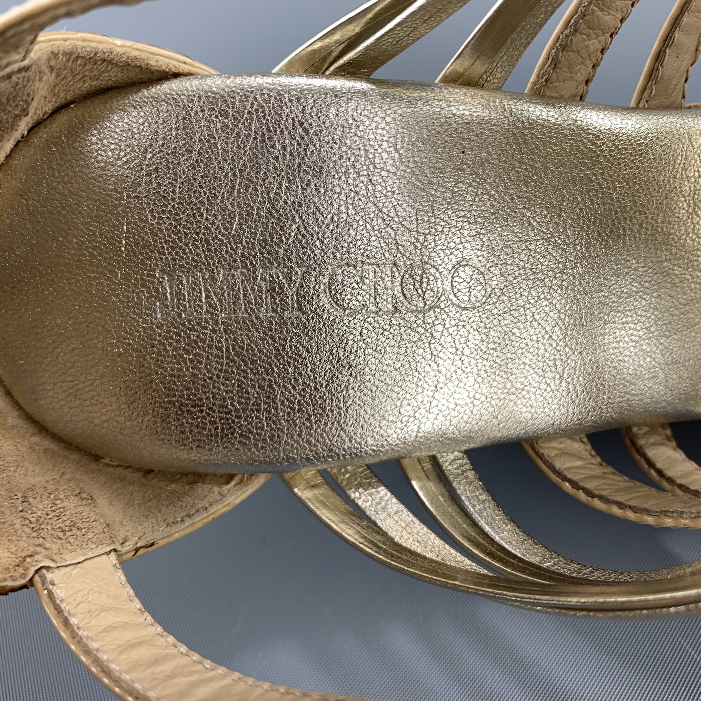 JIMMY CHOO Size 7 Beige & Silver Patent Leather Cork Wedge Platform Sandals