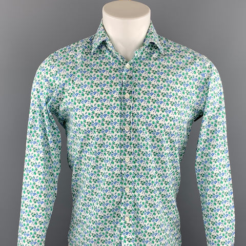 ETRO Size S White & Green Floral Cotton Button Up Long Sleeve Shirt
