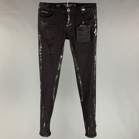 PHILIPP PLEIN Talla 2 Vaqueros The Glory de algodón negro y plateado con salpicaduras de pintura, corte súper ajustado