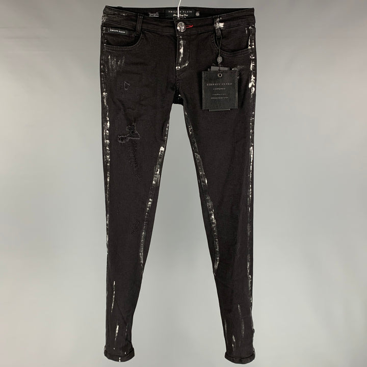 PHILIPP PLEIN Size 2 Black & Silver Cotton Paint Splattered Super Slim Fit The Glory Jeans