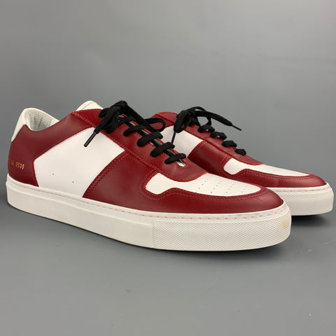 COMMON PROJECTS Size 11 White & Burgundy Color Block Leather Lace Up Sneakers