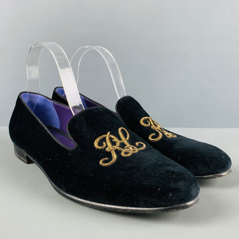 RALPH LAUREN Talla 11 Mocasines bordados de terciopelo negro dorado