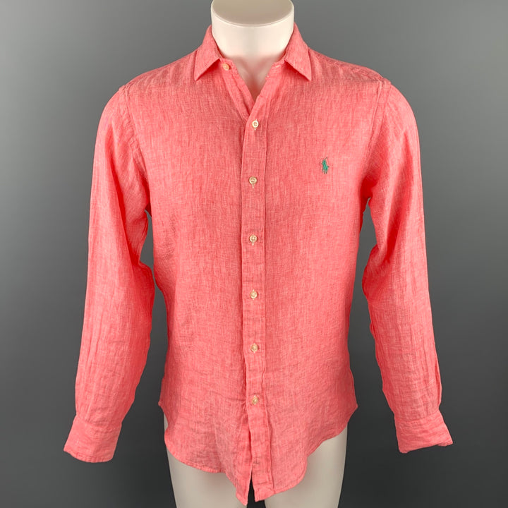 RALPH LAUREN Camisa de manga larga con botones de lino jaspeado salmón talla S