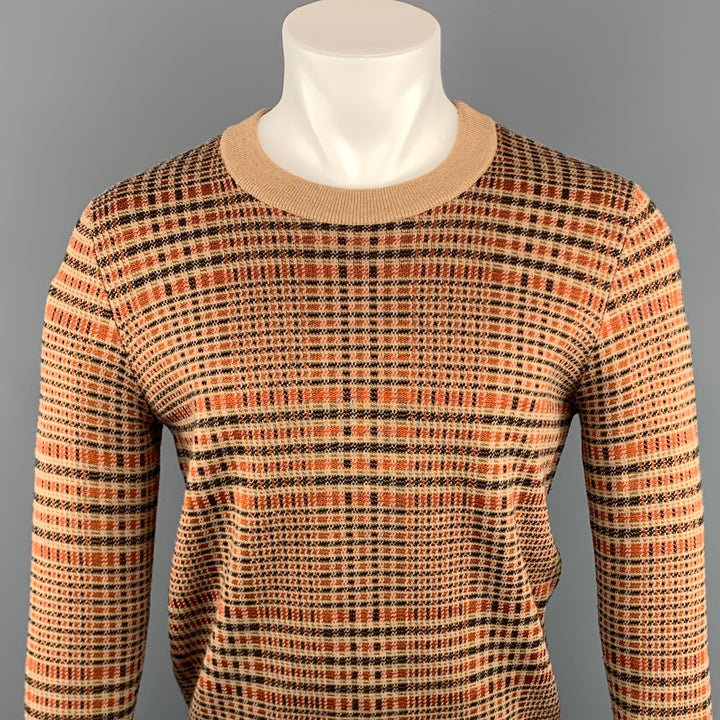 DRIES VAN NOTEN Size S Tan & Orange Plaid Wool Blend Crew-Neck Sweater