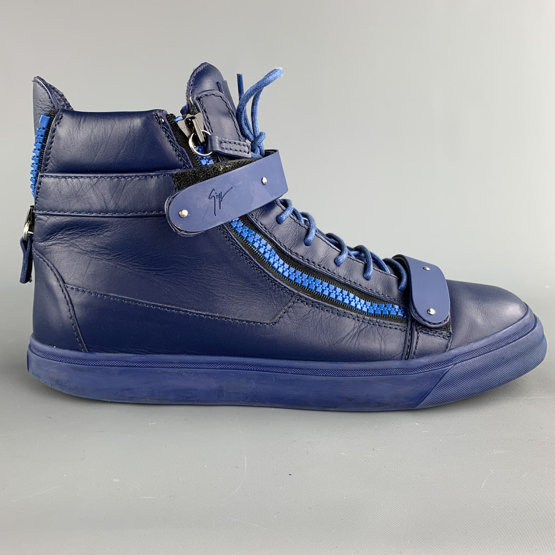 GIUSEPPE ZANOTTI Size 13 Navy Leather High Top Lace Up Sneakers