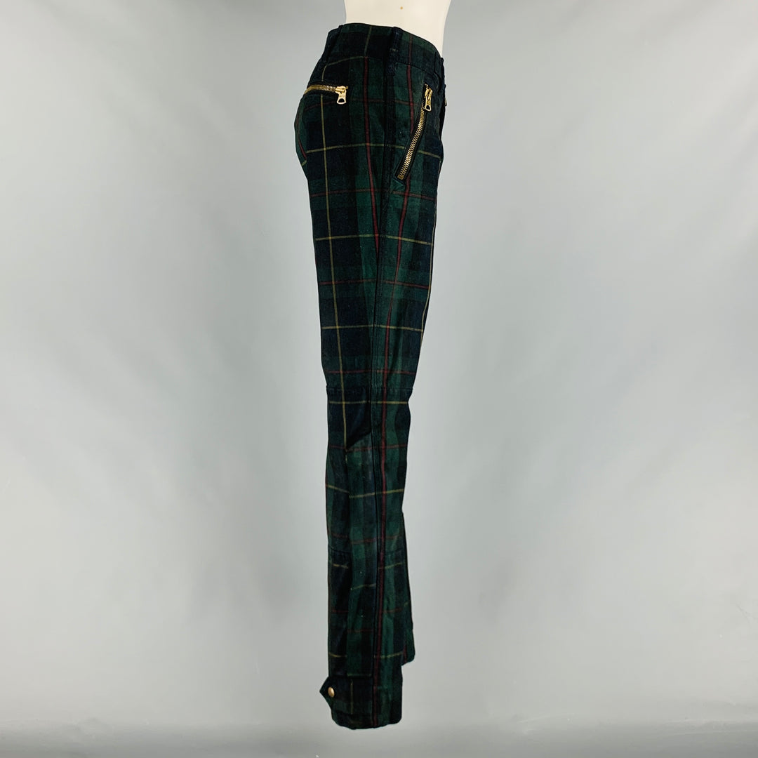 RALPH LAUREN Talla 34 Pantalones casuales de tiro bajo a cuadros de elastano de algodón verde marino