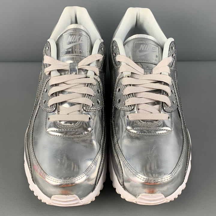 NIKE Air Max 90 Size 12 Silver Metallic Leather Lace Up Sneakers