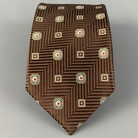 ERMENEGILDO ZEGNA Brown Tan Chevron Silk Tie