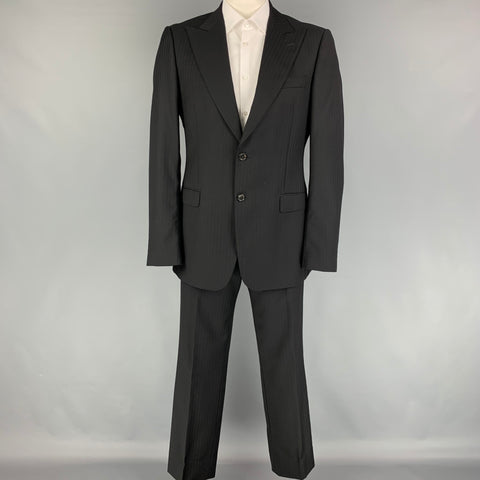 GUCCI Size 42 Long Black Stripe Wool Peak Lapel Suit